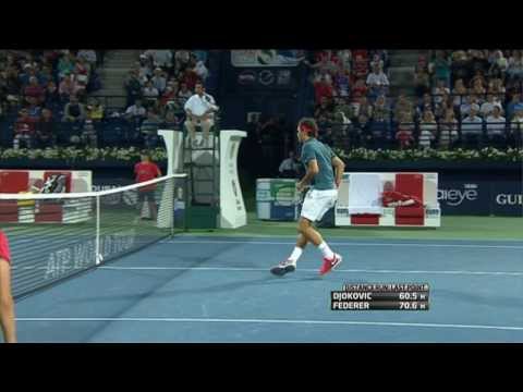 Roger Federer Hits Hot Shot In Dubai Against Djokovic