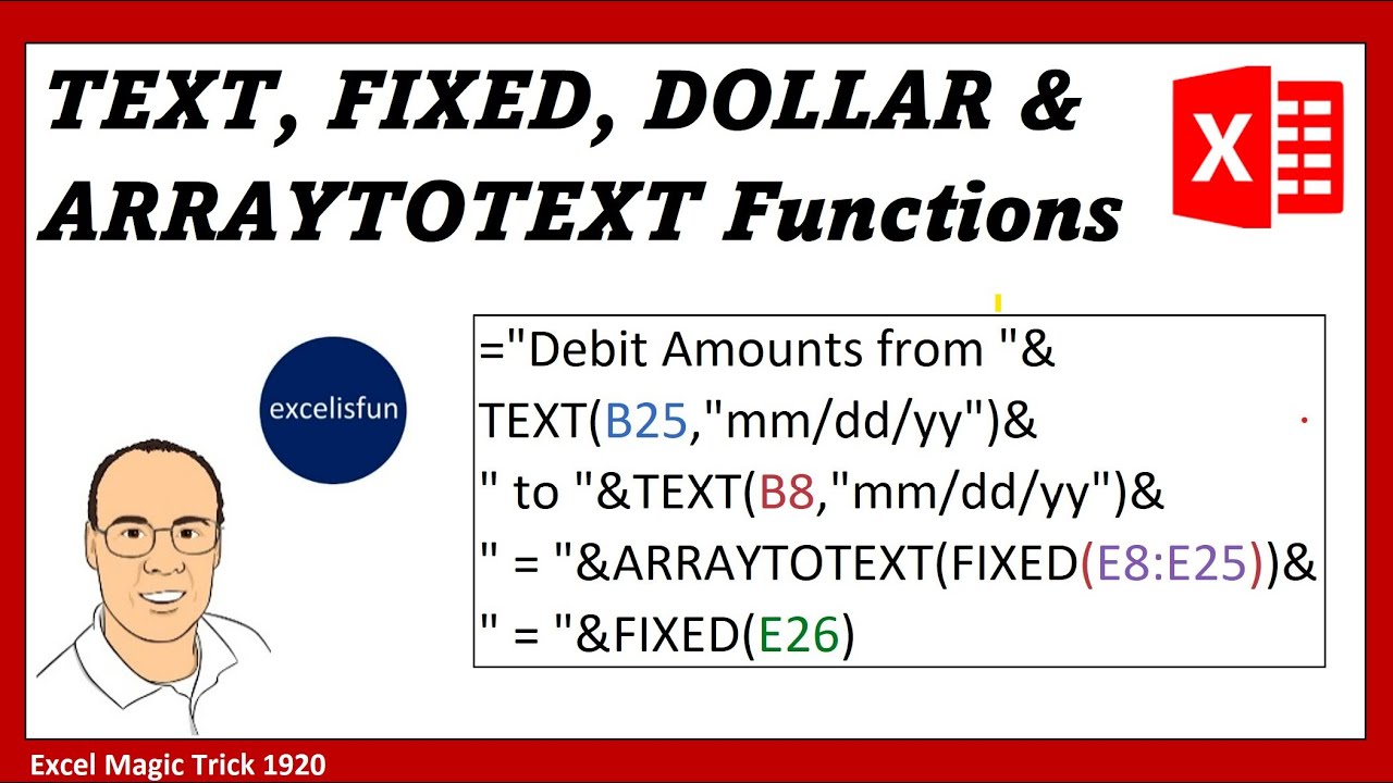 Complete Lesson in Excel Text Formulas that use References to Dates, Money & Arrays. EMT 1920.