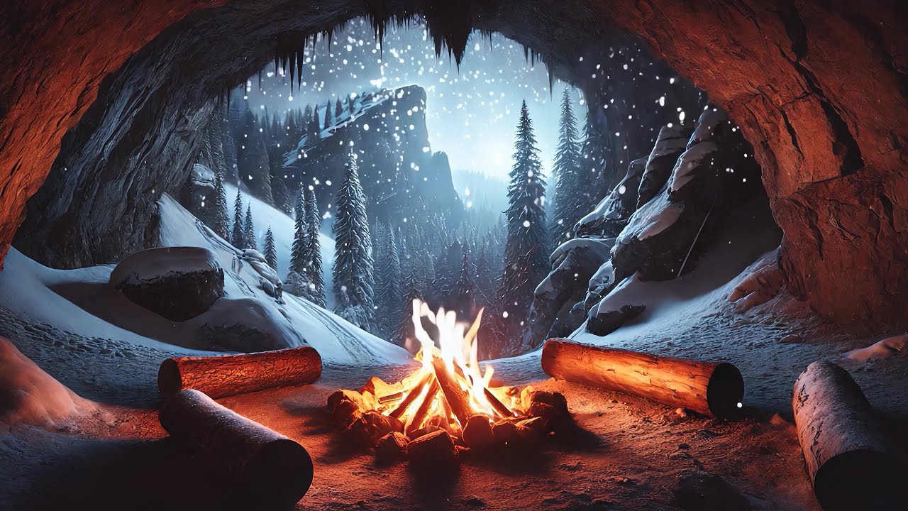 Winter Cave Background | Crackling Campfire & Falling Snow