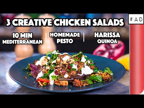 , title : '3 Creative Chicken Salad Recipes Compared | 10 min Mediterranean vs Homemade Pesto vs Harissa Quinoa'