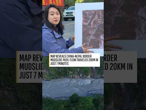 CGTN Reporter explains the extent of China-Nepal border mudslide with a map on the ground