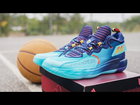 Up close : Adidas Dame 7 EXTPLY : Dark Blue Pulse Aqua Solar Red : 2021