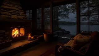 Rain Sounds for Sleeping | Cozy Cabin with Fireplace and Peaceful Lakeside