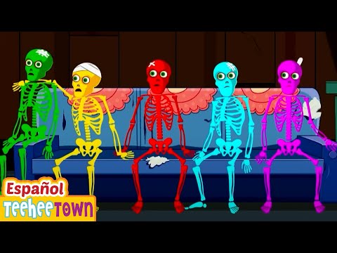 Cinco esqueletos divertidos saltando en la cama 💀| Canciones de esqueleto para niños | Pueblo Teehee