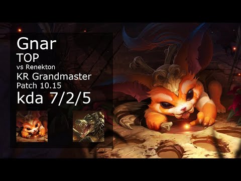 Gnar Top vs Renekton - KR Grandmaster 7/2/5 Patch 10.15 Gameplay // [롤] 나르 vs 레넥톤 탑
