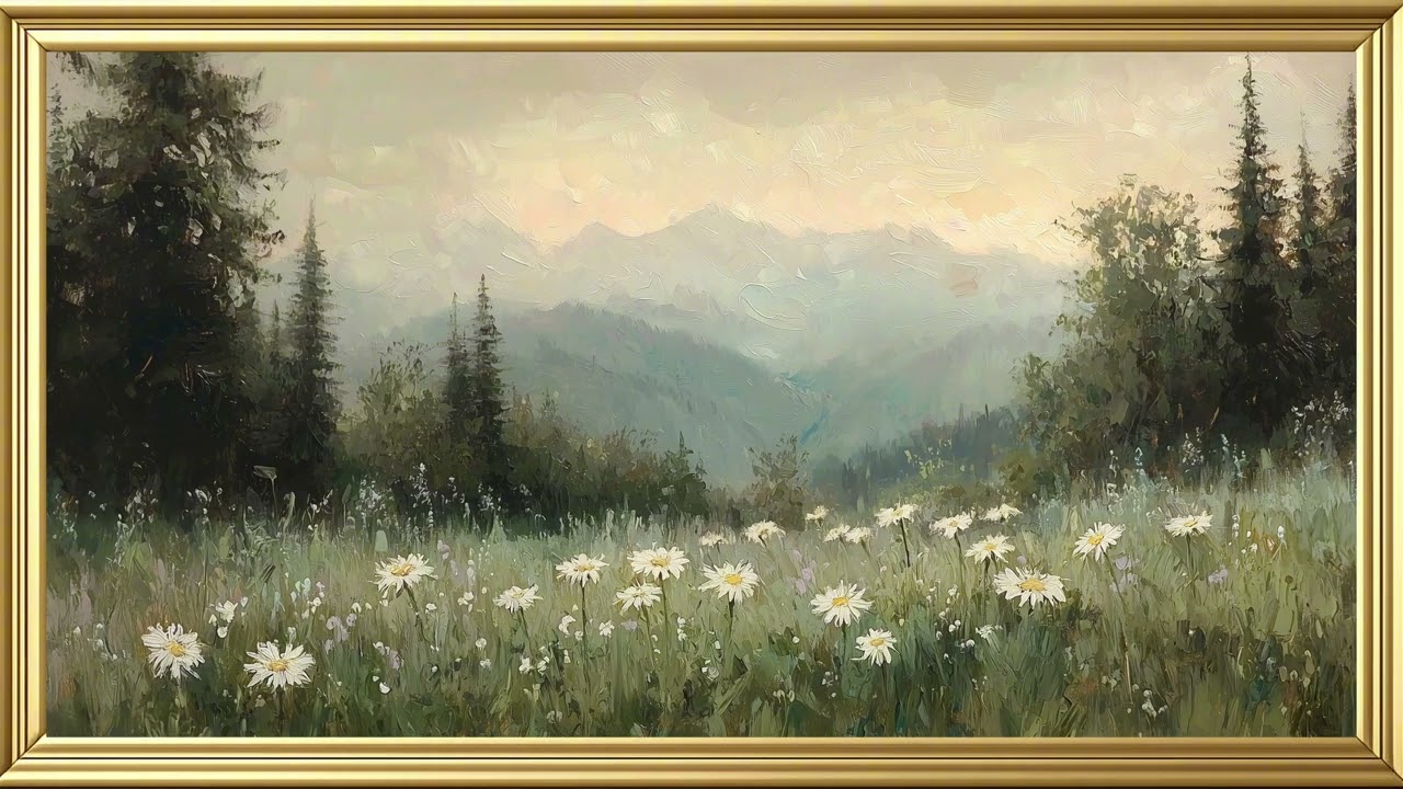 Spring Alpine Meadow White Daisy Pine Forest Misty Mountains | 4K Vintage Wallpaper Art Screensaver
