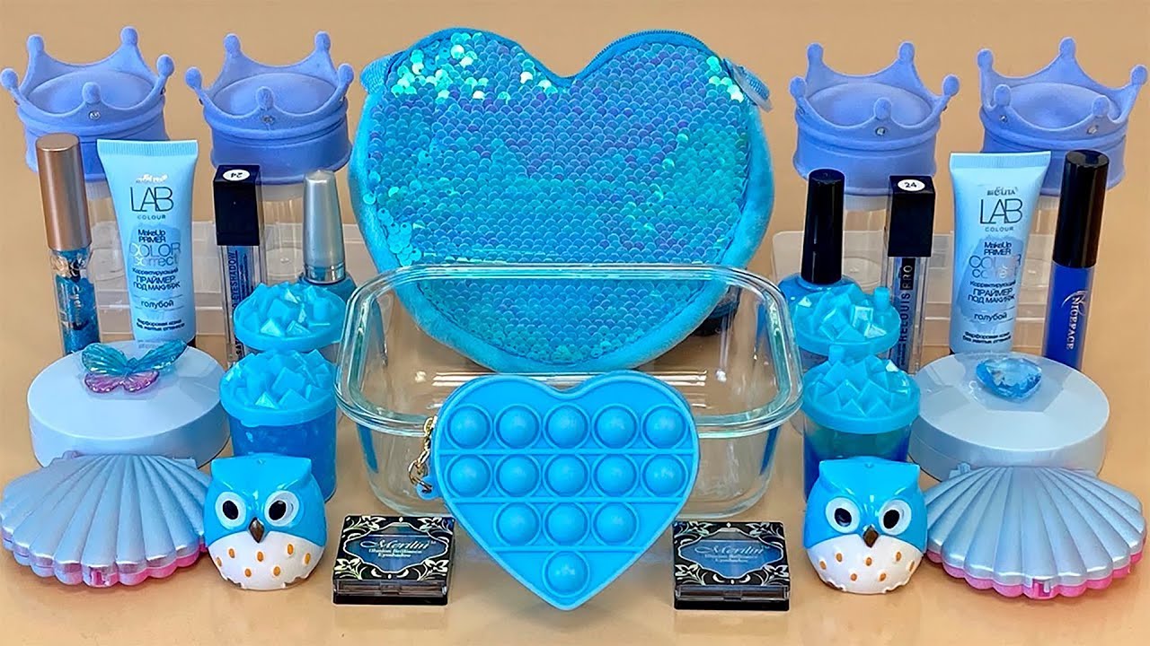 BLUE SLIME. Mixing makeup and glitter into Clear Slime. ASMR Satisfying Slime Videos 1080p.