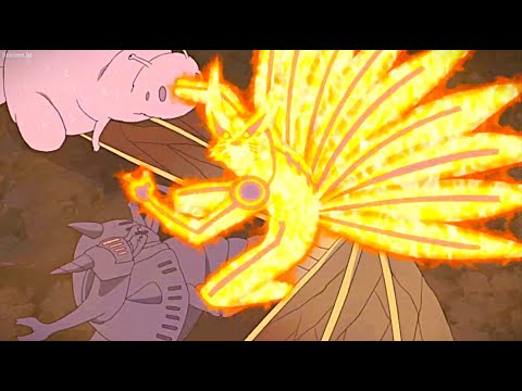 Naruto, in Kurama Chakra Mode, attacks with Rasengan, facing Madara and Obito Tailed Beasts.