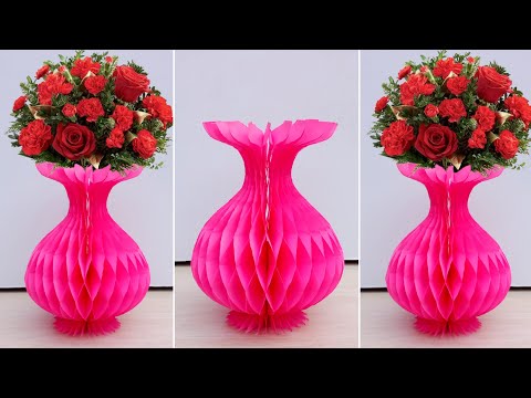 How To Make  Paper Flower Vase At Home | Beautiful Flower pot making With color paper | Flower Pot