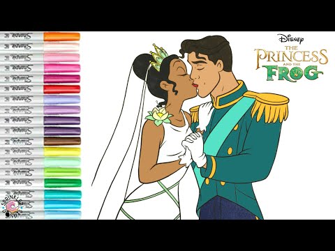 Disney Princess Coloring Book Page Tiana and Naveen Wedding Day Kiss The Princess and the Frog