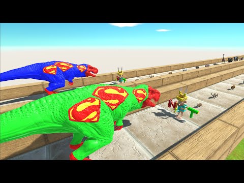 BLUE SUPERMAN T-REX VS GREEN SUPERMAN T-REX BATTLE RACE COMPETITION - Animal Revolt Battle Simulator