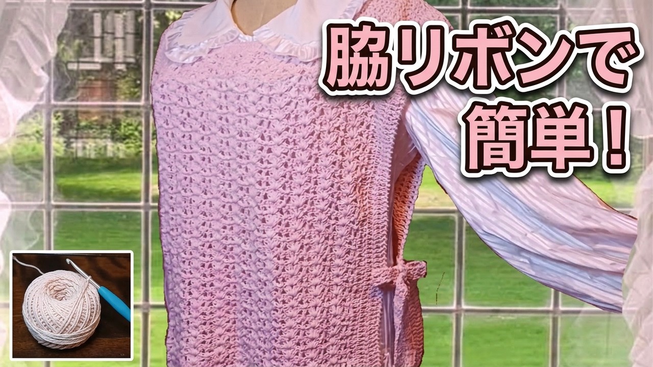 【M～3Ｌ編み図掲載】🎀両脇リボンのベスト🎀 　編み方とコツをゆっくり解説　#編み物#かぎ針編み#簡単