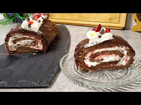Chocolate Strawberry Roll Recipe: Make Ahead & Easy | Schoko Erdbeer Rolle/ fluffige Biskuitrolle 👌