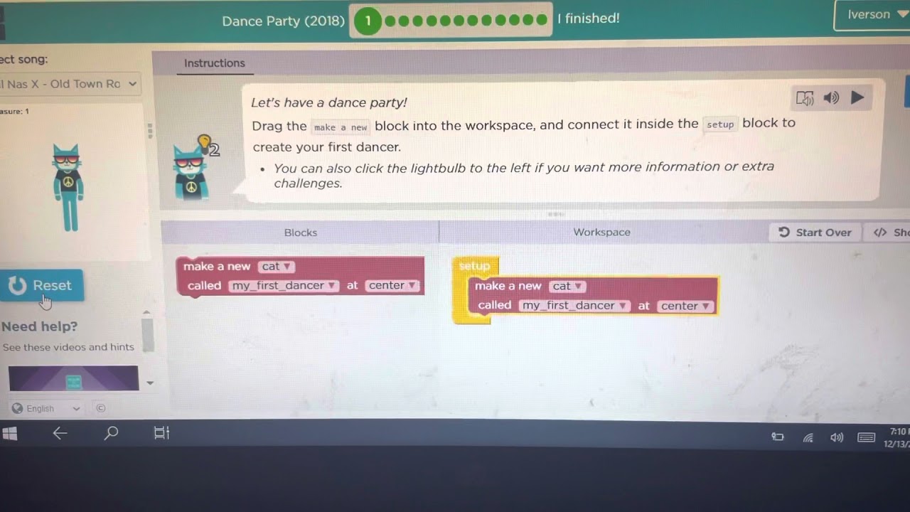 Code.org: Dance Party (2018) Level 1