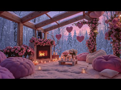 Valentine Pink Snow Porch 💕❄️🔥 Soothing Piano Jazz & Fireplace Glow for Relaxation and Stress Relief