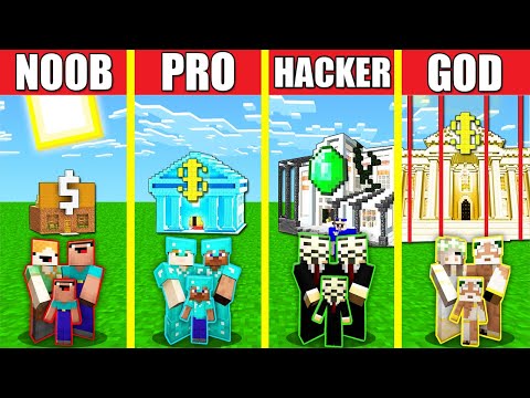 Minecraft Battle: SECURE BANK HOUSE BUILD CHALLENGE - NOOB vs PRO vs HACKER vs GOD Animation SAFEST