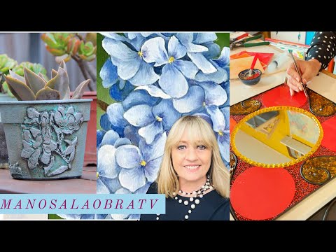 ManosalaObraTv 2022 Program 8 Recycling Pots Mirror Mosaic Painting Hydrangeas Patagoniarte
