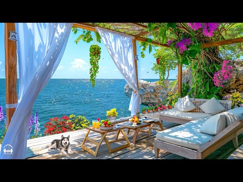 Spring Jazz Music at Seaside Cafe Ambience with Happy Bossa Nova Jazz Piano & Ocean Waves for Relax