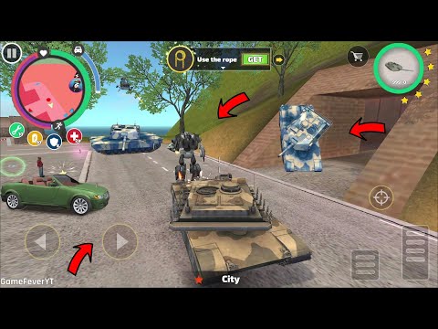 Rope Hero Vice Town (rope hero fight robot cars) green army tank stuck on cave - Android Gameplay HD