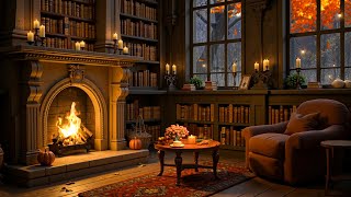Cozy Autumn Reading Nook Ambience 🌧️ Warm Jazz Music with Heavy Rain, Fireplace Sounds for Sleeping