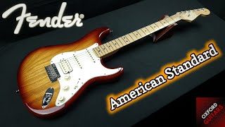 Video thumbnail for Fender USA American Standard Stratocaster HSS Sienna Sunburst Maple Fretboard guitar close up video by Oxford Guitars
