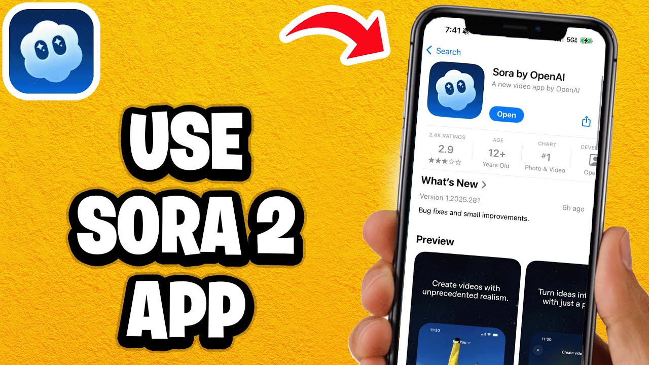 Sora by OpenAI App Store listing on a phone screen, showing its rating, Open button, and preview clips