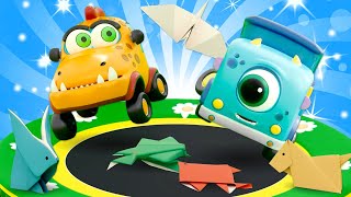 Os carros Mocas brincam com os animais de papel! Desenho animado infantil dos carrinhos monstrinhos
