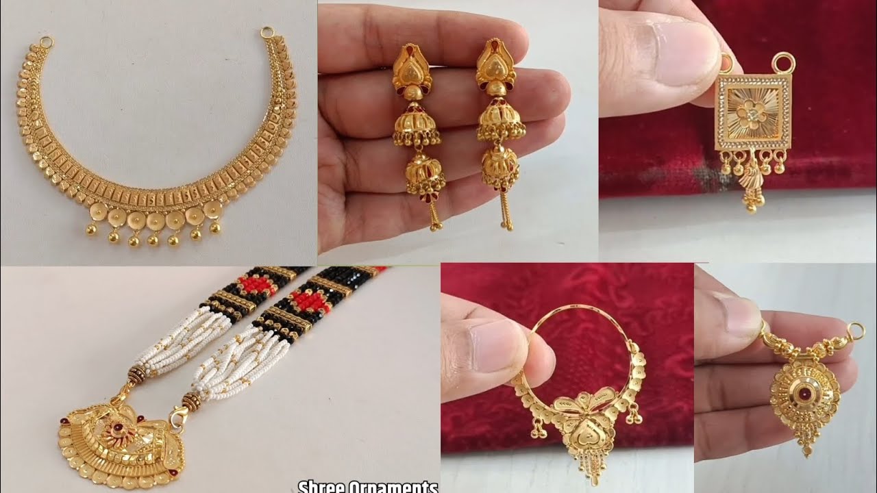 Latest gold jewellery collection, necklace, jhumka, mangalsutra, and nathni with weight and price
