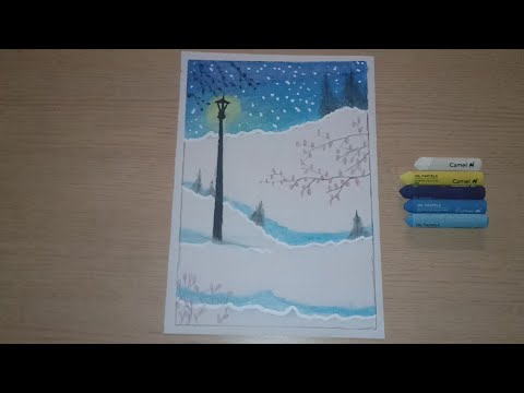 Easy Winter Snowfall Scenery Drawing for Beginners with Oil Pastels - Step by Step