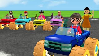 Scary Teacher 3D vs Squid Game Spring Car Racing and Challenge Break Honneycomb Candy Wheel