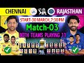 IPL 2026 3rd Match Chennai Vs Rajasthan Playing 11 RR Playing 11 2026 CSK Playing 11 2026