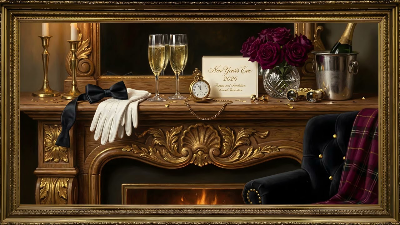 Formal NYE Celebration Fireplace Gold Frame TV | 2 Hours 4K — 4K ambient art screensaver in baroque gold frame