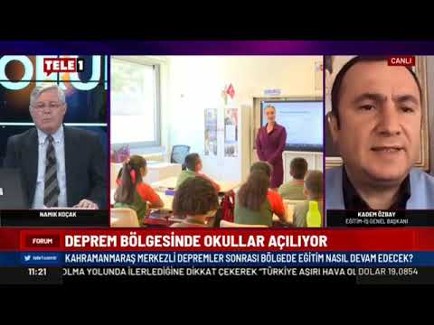 Genel Başkanımız Kadem Özbay, 27 Mart Pazartesi saat 11.00’de, Tele 1 Tv, Forum Programında Namık Koçak`ın konuğu oldu. Genel Başkanımız deprem bölgesindeki okulların durumlarını ve öğretmenlerin sorunlarını dile getirdi. | EĞİTİM İŞ