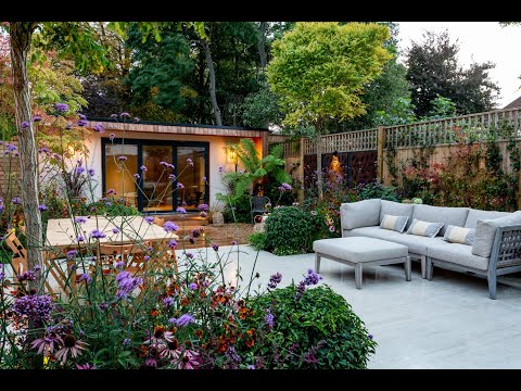 Large Contemporary Family Garden with Stunning Terrace, Outdoor Kitchen and Garden Room