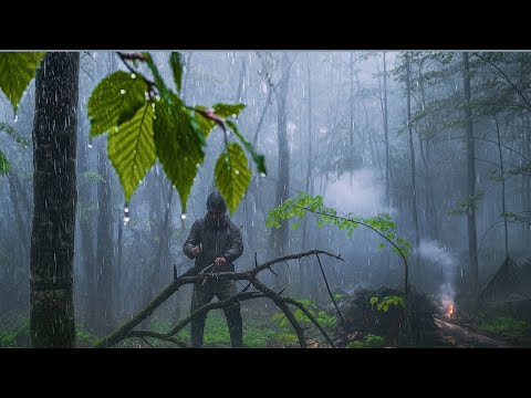 Solo Rain Camping & Bushcraft Survival Skills – Caught in a Heavy Rainstorm All Day!