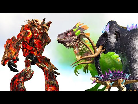 PYRIA NATURE GOLEMS vs. CRYSTAL ISLES ADDITION DINOS | ARK Dino Battle 🦎