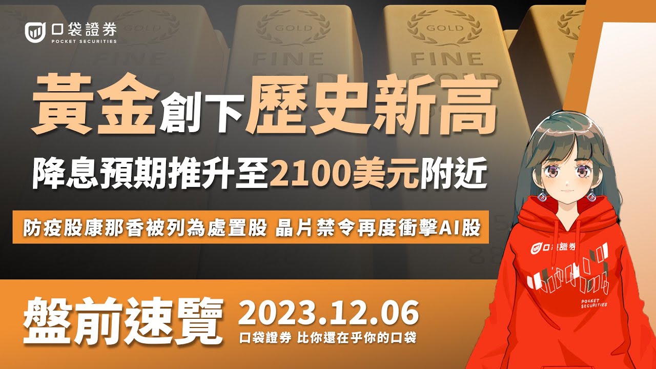 2023.12.06 星期三-黃金創下歷史新高,降息預期推升至2100美元附近,防疫股康那香被列為處置股,晶片禁令再度衝擊AI股!