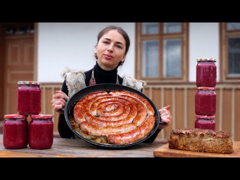 Cooking HOMEMADE SAUSAGE in the village`s wood oven! Life and food in the village