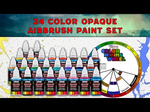 24 Color Acrylic Airbrush Paint Set; Opaque Colors plus Reducer, Cleaner & Color Mixing Wheel