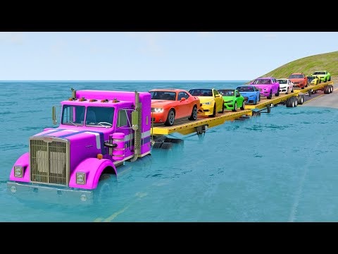 Triple Flatbed Trailer Truck Potholes Transport Car Rescue - Cars vs Deep Water - BeamNG.drive