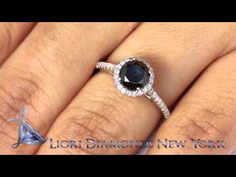 BDR-048 - 1.25 Carat Certified Natural Black Diamond Engagement Ring 18k Gold Pave Halo