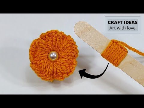 Super Easy Woolen Flower Making Trick Using Ice Cream Stick  Hand Embroidery Amazing Flower Design