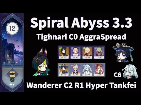 Tighnari C0 AggraSpread + Wanderer C2 R1 w/ Tankfei - Spiral Abyss 3.3 Full Clear - Genshin Impact