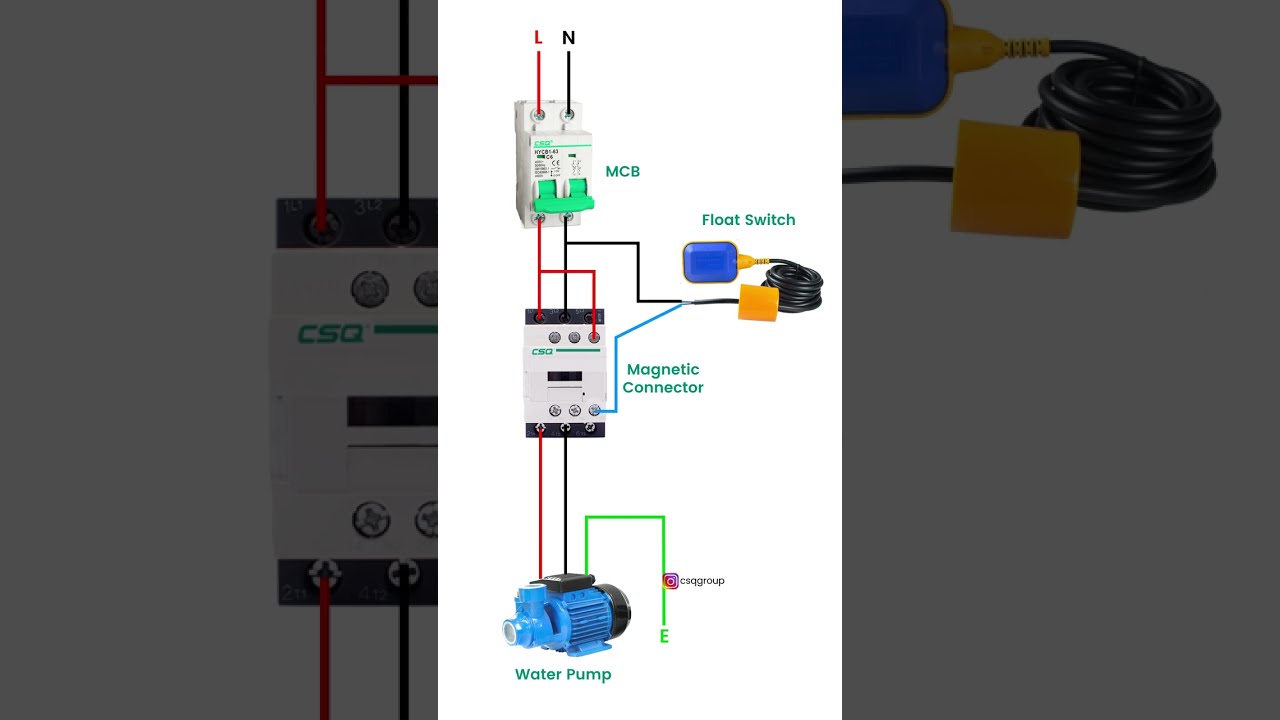 CSQ float switch | MCB | AC Contactor wiring diagram for water pump.