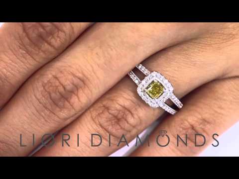 FD-177 - 0.85 Carat Fancy Yellow Princess Cut Diamond Engagement Ring 18k Gold Pave Halo