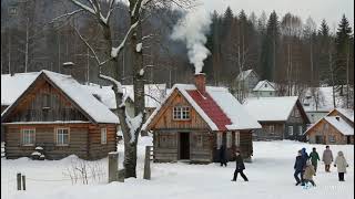 “A snowy winter village scene, with smoke rising from chimneys and children playing in the yard