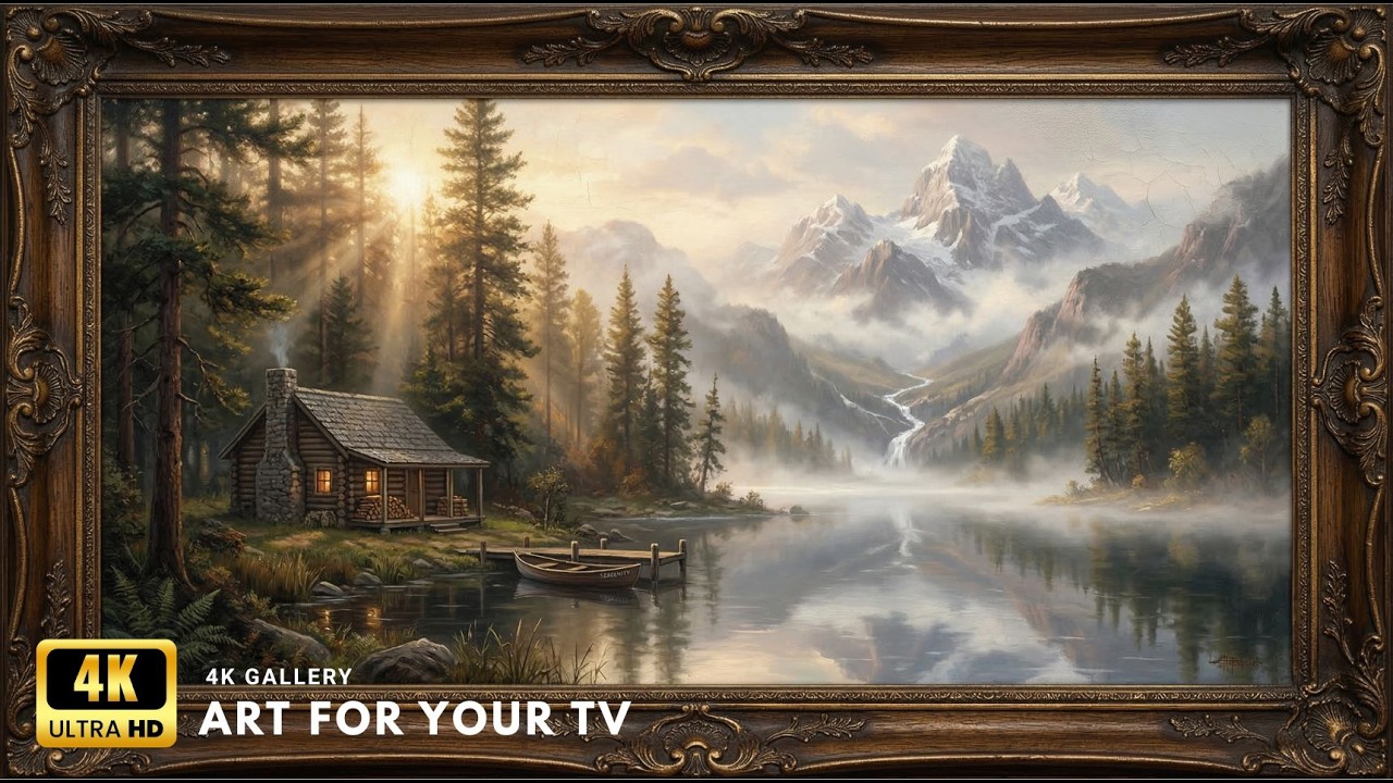 Serene Cabin in the Snow | Gold Frame TV Art Screensaver for TV Wallpaper