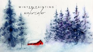 Watercolor Winter Cabin | Easy Snowy Landscape Painting Tutorial
