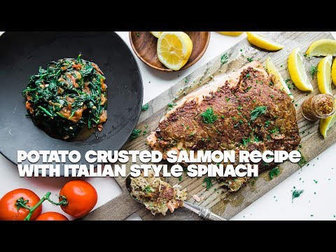 Shredded Hash Browns Crusted Salmon with Sautéed Spinach Recipe