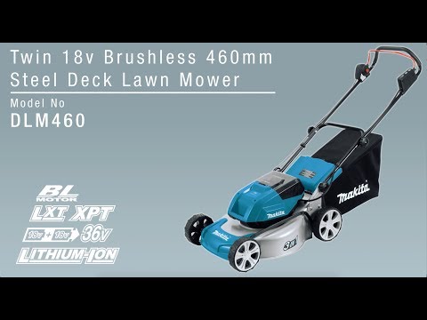 Makita akumuliatorinė vejapjovė DLM460Z 2x18 V, 46 cm, 3 viename (pjovimas / surinkimas / mulčiavimas), plieno korpusas, be akumuliatoriaus ir kroviklio video